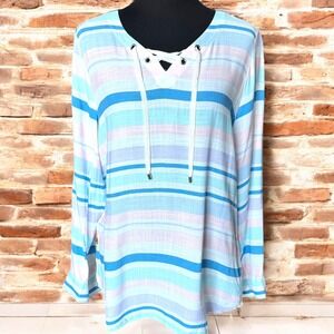 Chico's Top Blouse 1 (L) White Pastel Stripes Lace Up Neck Long‎ Sleeve